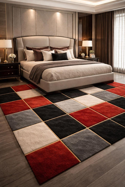 Luxury Hand Tufted Wool Rug | Modern Checkered Abstract Area Rug | Red Black Grey Beige Carpet | Designer Living Room Rug |  Custom Size rug