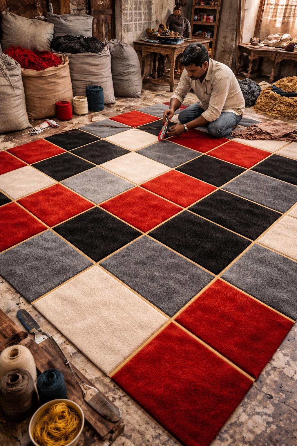 Luxury Hand Tufted Wool Rug | Modern Checkered Abstract Area Rug | Red Black Grey Beige Carpet | Designer Living Room Rug |  Custom Size rug