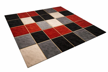 Luxury Hand Tufted Wool Rug | Modern Checkered Abstract Area Rug | Red Black Grey Beige Carpet | Designer Living Room Rug |  Custom Size rug