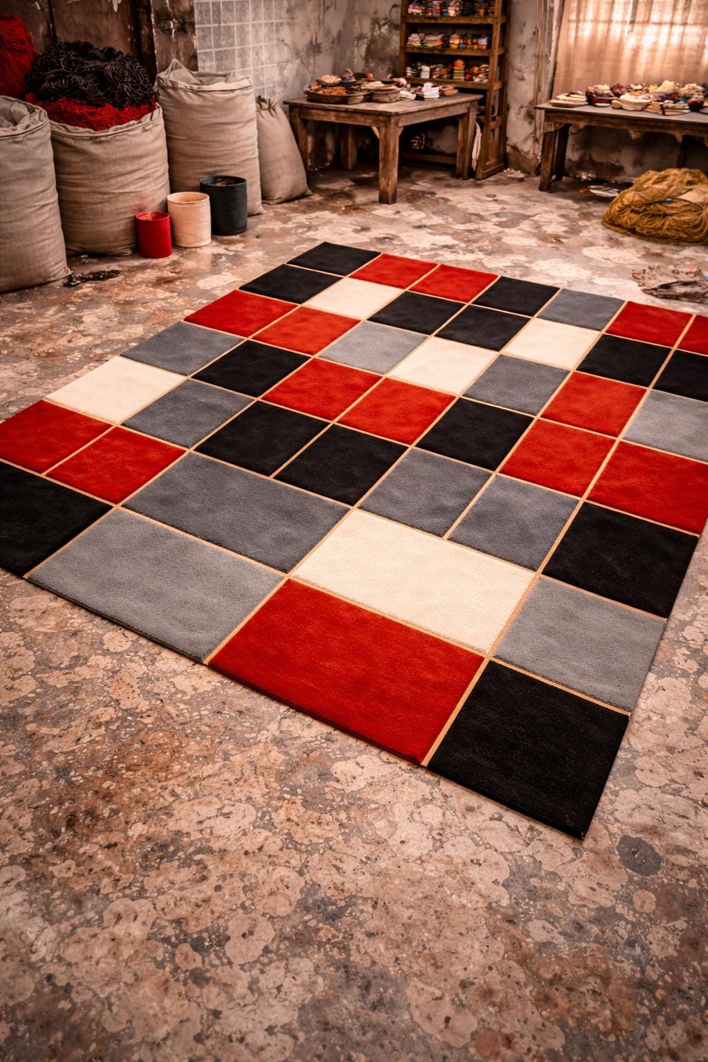 Luxury Hand Tufted Wool Rug | Modern Checkered Abstract Area Rug | Red Black Grey Beige Carpet | Designer Living Room Rug |  Custom Size rug
