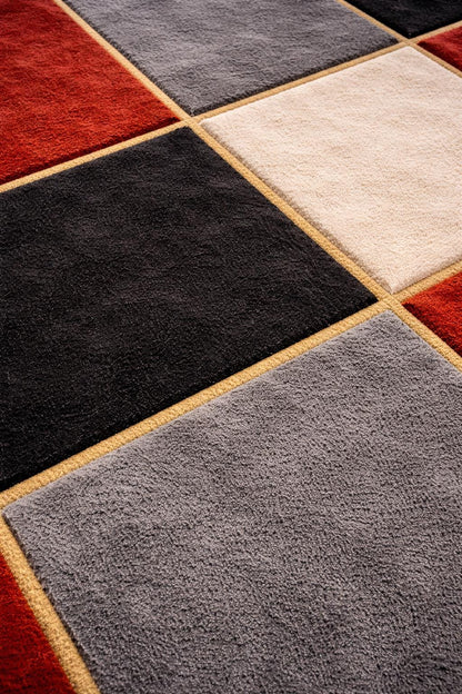 Luxury Hand Tufted Wool Rug | Modern Checkered Abstract Area Rug | Red Black Grey Beige Carpet | Designer Living Room Rug |  Custom Size rug