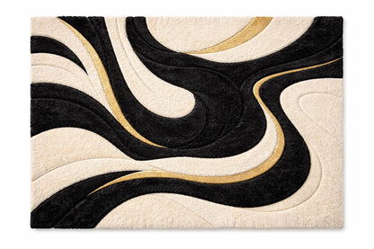Hand Tufted Wool Rug | Black & Ivory Abstract Luxury Area Rug with Gold Accents | Artisan Made High Pile Statement Carpet for Modern Bedroom