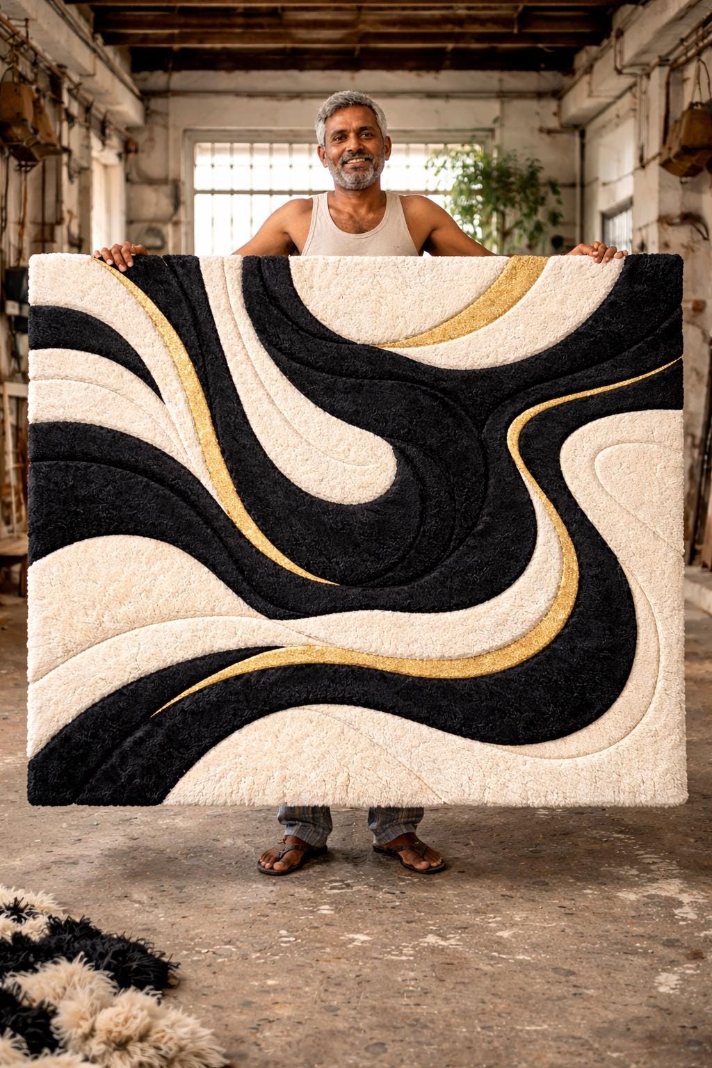 Hand Tufted Wool Rug | Black & Ivory Abstract Luxury Area Rug with Gold Accents | Artisan Made High Pile Statement Carpet for Modern Bedroom