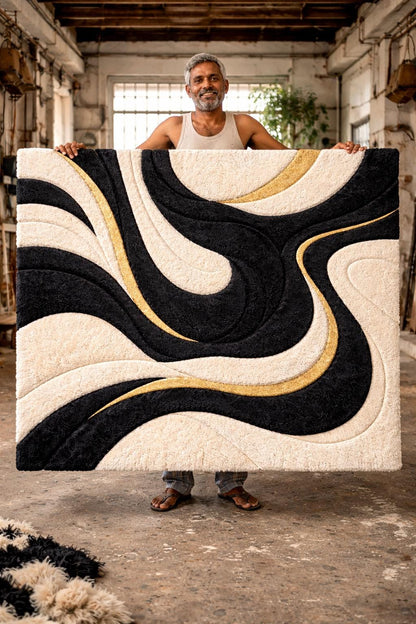 Hand Tufted Wool Rug | Black & Ivory Abstract Luxury Area Rug with Gold Accents | Artisan Made High Pile Statement Carpet for Modern Bedroom