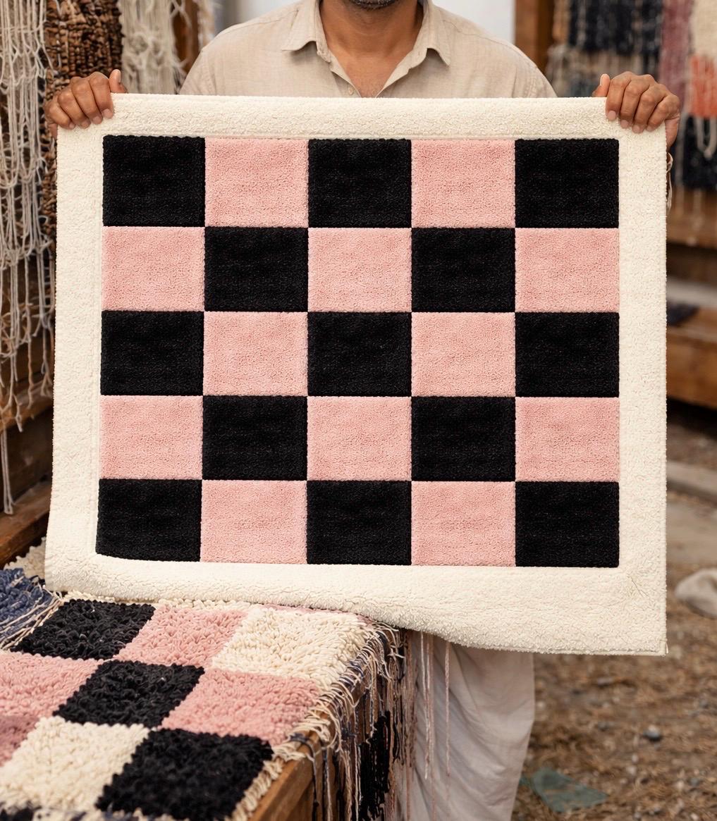 Pink and Black Checkerboard Rug | Hand Tufted Area Rug | Modern Soft Shaggy Rug |Aesthetic Room Decor | Luxury Bedroom Carpet | 8x10 9x12