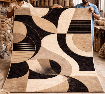 Luxury beige and black Abstract Rug | Modern Minimalist Area Rug | High Pile Plush Contemporary Carpet | Designer Living Room Statement Rug