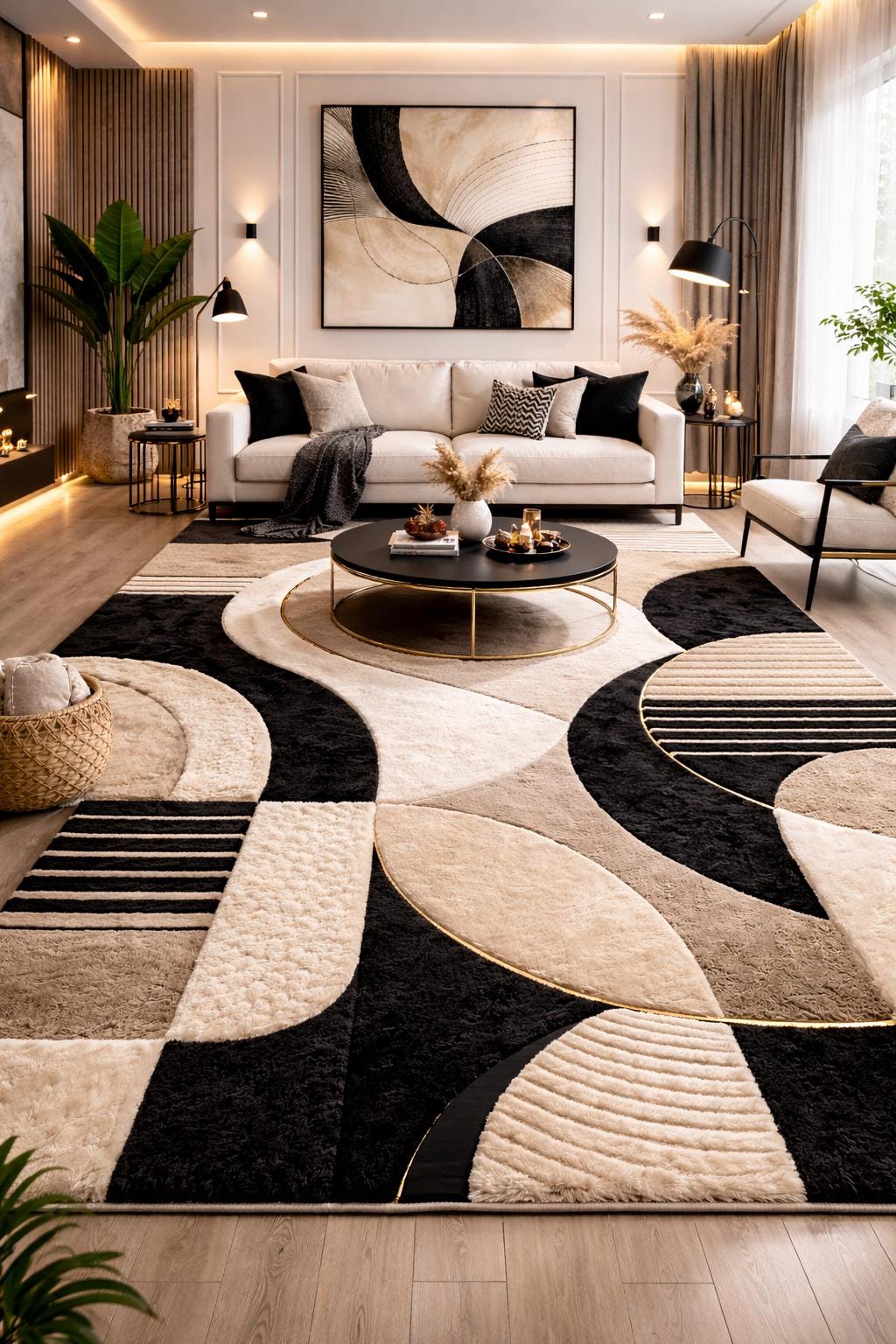 Luxury beige and black Abstract Rug | Modern Minimalist Area Rug | High Pile Plush Contemporary Carpet | Designer Living Room Statement Rug