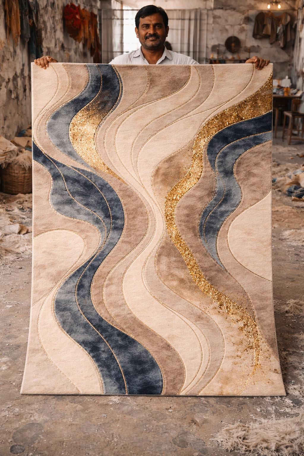 Luxury Hand Tufted Wool Rug | Abstract Modern Area Rug | Beige Gold Navy Carpet |Custom Size Rug | Designer Bedroom Rug |Handmade Wool Rug