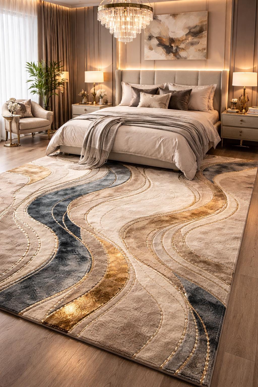 Luxury Hand Tufted Wool Rug | Abstract Modern Area Rug | Beige Gold Navy Carpet |Custom Size Rug | Designer Bedroom Rug |Handmade Wool Rug