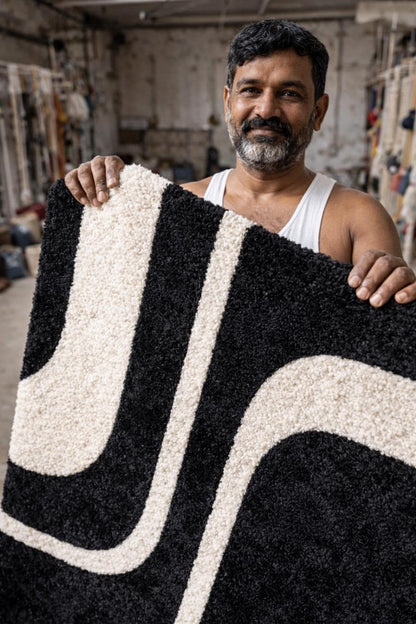 Luxury Black and White Rug | Modern Geometric Area Rug | Plush High Pile Living Room Carpet | Contemporary Statement Floor Decor rug | 9x12
