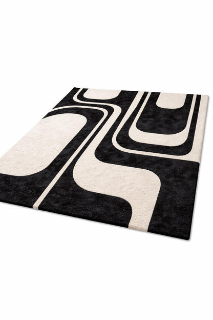 Luxury Black and White Rug | Modern Geometric Area Rug | Plush High Pile Living Room Carpet | Contemporary Statement Floor Decor rug | 9x12