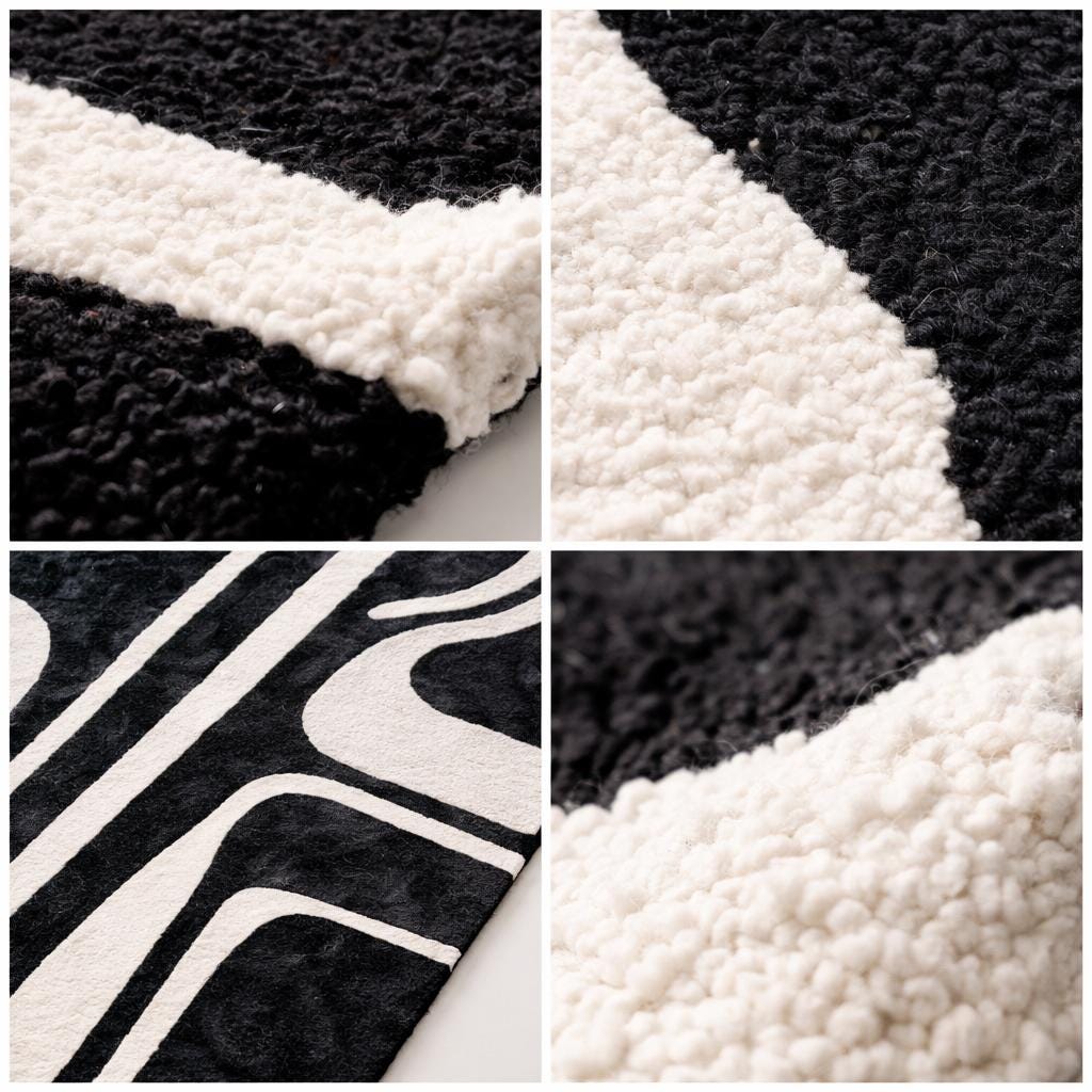 Luxury Black and White Rug | Modern Geometric Area Rug | Plush High Pile Living Room Carpet | Contemporary Statement Floor Decor rug | 9x12