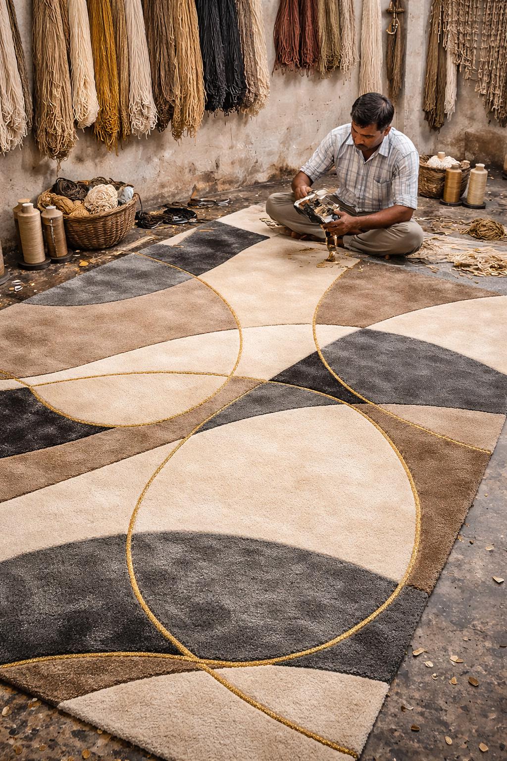 Luxury Hand Tufted Wool Rug | Abstract Neutral Beige Grey Carpet | Modern Cut Pile Area Rug | Handmade Designer Rug | Living Room Bedroom