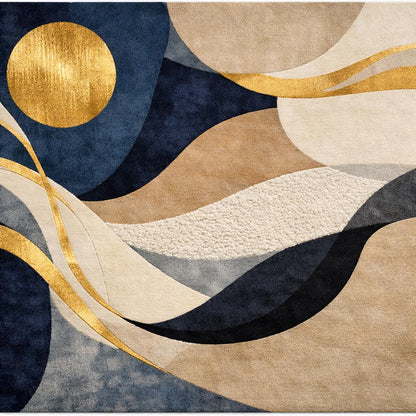 Luxury Abstract Hand Tufted Wool Rug, Modern Navy Beige Gold Area Rug, Contemporary Bedroom Rug, Plush High Low Texture Carpet, Living Room