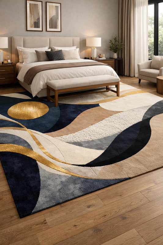 Luxury Abstract Hand Tufted Wool Rug, Modern Navy Beige Gold Area Rug, Contemporary Bedroom Rug, Plush High Low Texture Carpet, Living Room