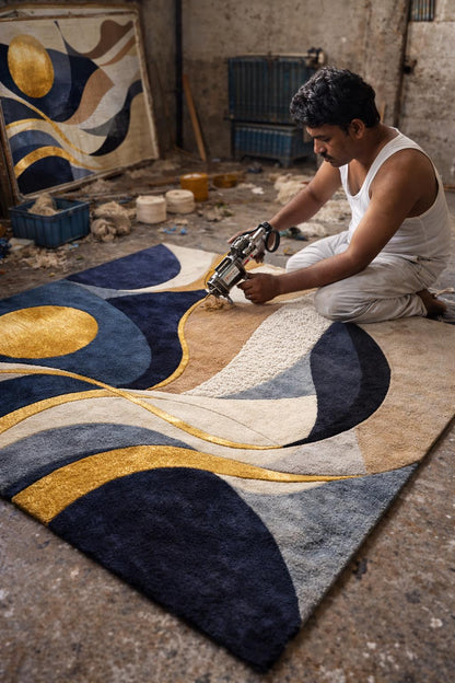 Luxury Abstract Hand Tufted Wool Rug, Modern Navy Beige Gold Area Rug, Contemporary Bedroom Rug, Plush High Low Texture Carpet, Living Room