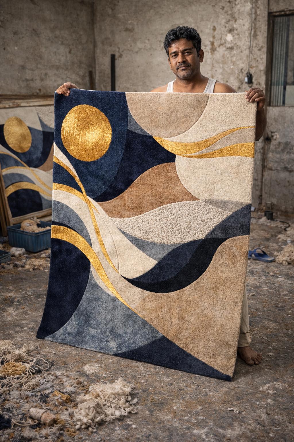Luxury Abstract Hand Tufted Wool Rug, Modern Navy Beige Gold Area Rug, Contemporary Bedroom Rug, Plush High Low Texture Carpet, Living Room