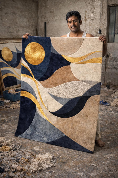Luxury Abstract Hand Tufted Wool Rug, Modern Navy Beige Gold Area Rug, Contemporary Bedroom Rug, Plush High Low Texture Carpet, Living Room