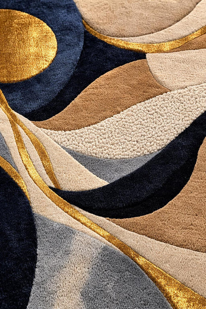 Luxury Abstract Hand Tufted Wool Rug, Modern Navy Beige Gold Area Rug, Contemporary Bedroom Rug, Plush High Low Texture Carpet, Living Room