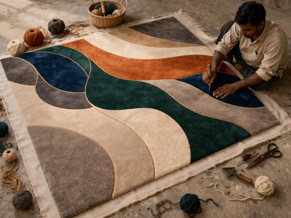 Luxury Hand Tufted Wool Rug | Abstract Modern Area Rug | Emerald Navy Burnt Orange Carpet | Designer Bedroom Rug |Custom Size Rug | 9x12 rug