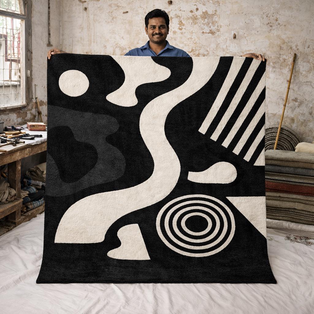 Black and White Abstract Rug | Hand Tufted Wool Area Rug | Modern Scandinavian Rug | Geometric Designer Carpet | Luxury Living Room Rug 9x12