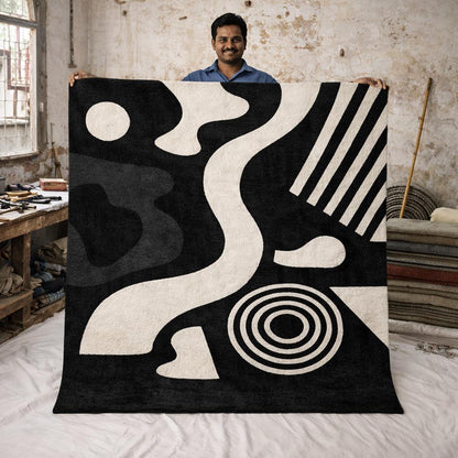Black and White Abstract Rug | Hand Tufted Wool Area Rug | Modern Scandinavian Rug | Geometric Designer Carpet | Luxury Living Room Rug 9x12