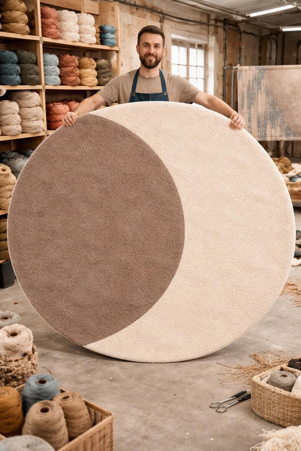 Luxury Hand Tufted Wool Round Rug | Two Tone Modern Area Rug | Minimalist Circle Carpet | Plush Neutral Rug for Bedroom Living Room | 9x9
