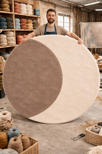 Luxury Hand Tufted Wool Round Rug | Two Tone Modern Area Rug | Minimalist Circle Carpet | Plush Neutral Rug for Bedroom Living Room | 9x9
