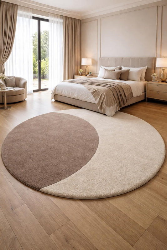 Luxury Hand Tufted Wool Round Rug | Two Tone Modern Area Rug | Minimalist Circle Carpet | Plush Neutral Rug for Bedroom Living Room | 9x9