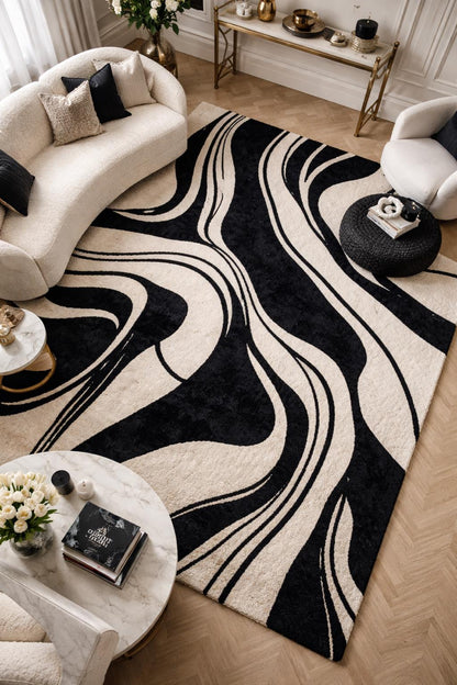 Black White Abstract Wool Rug | Hand Tufted Modern Area Rug | Luxury Designer Carpet | Contemporary Living Room Rug | Minimalist Bedroom Rug