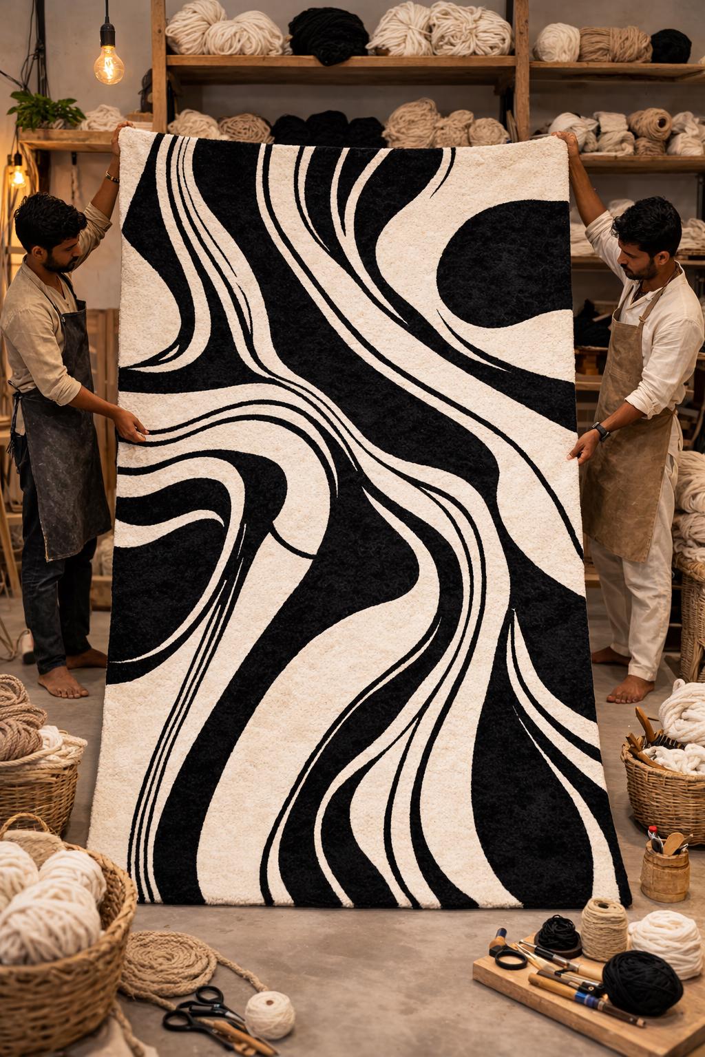 Black White Abstract Wool Rug | Hand Tufted Modern Area Rug | Luxury Designer Carpet | Contemporary Living Room Rug | Minimalist Bedroom Rug