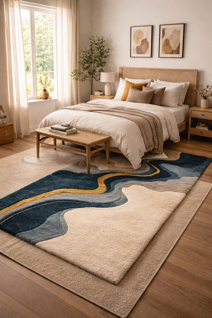 Luxury Abstract Wool Rug | Modern Hand Tufted Area Rug | Cream Blue Gold River Design Carpet | Contemporary Living Room rug | Bedroom Rug