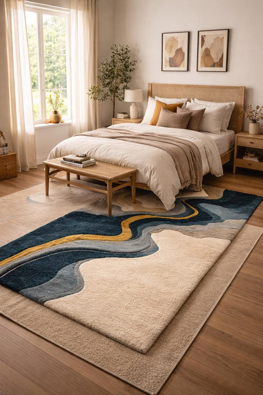 Luxury Abstract Wool Rug | Modern Hand Tufted Area Rug | Cream Blue Gold River Design Carpet | Contemporary Living Room rug | Bedroom Rug
