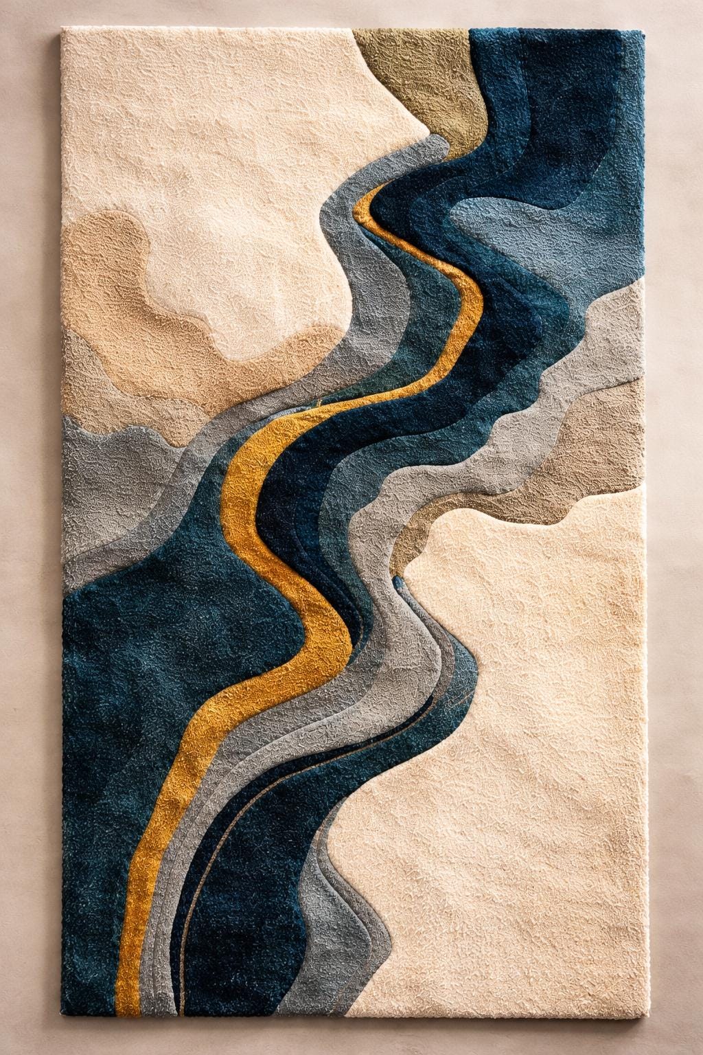 Luxury Abstract Wool Rug | Modern Hand Tufted Area Rug | Cream Blue Gold River Design Carpet | Contemporary Living Room rug | Bedroom Rug