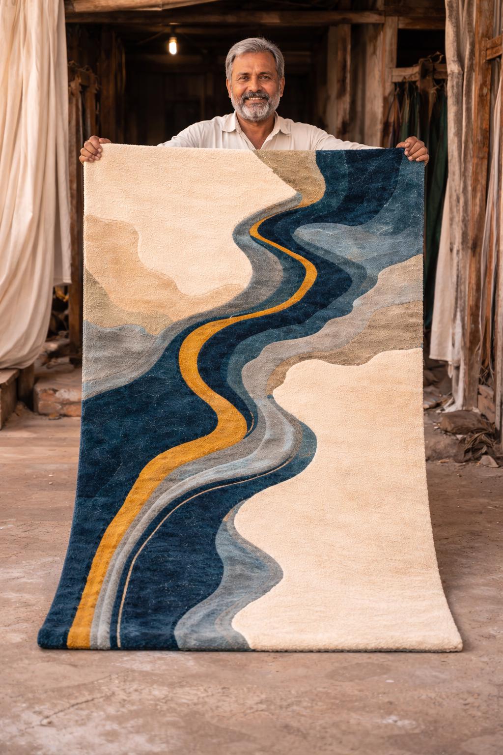 Luxury Abstract Wool Rug | Modern Hand Tufted Area Rug | Cream Blue Gold River Design Carpet | Contemporary Living Room rug | Bedroom Rug
