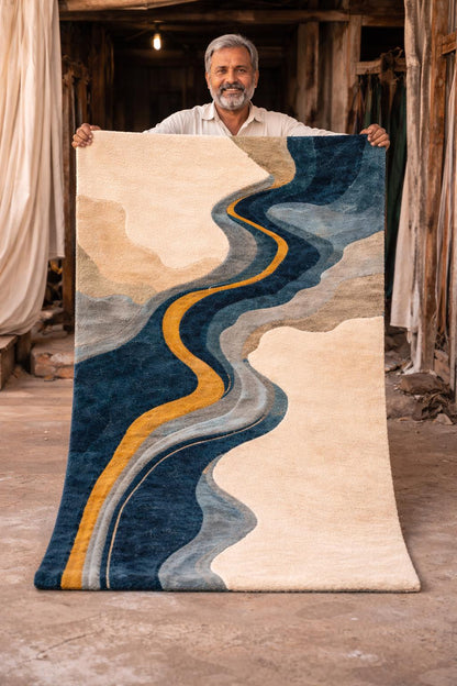Luxury Abstract Wool Rug | Modern Hand Tufted Area Rug | Cream Blue Gold River Design Carpet | Contemporary Living Room rug | Bedroom Rug