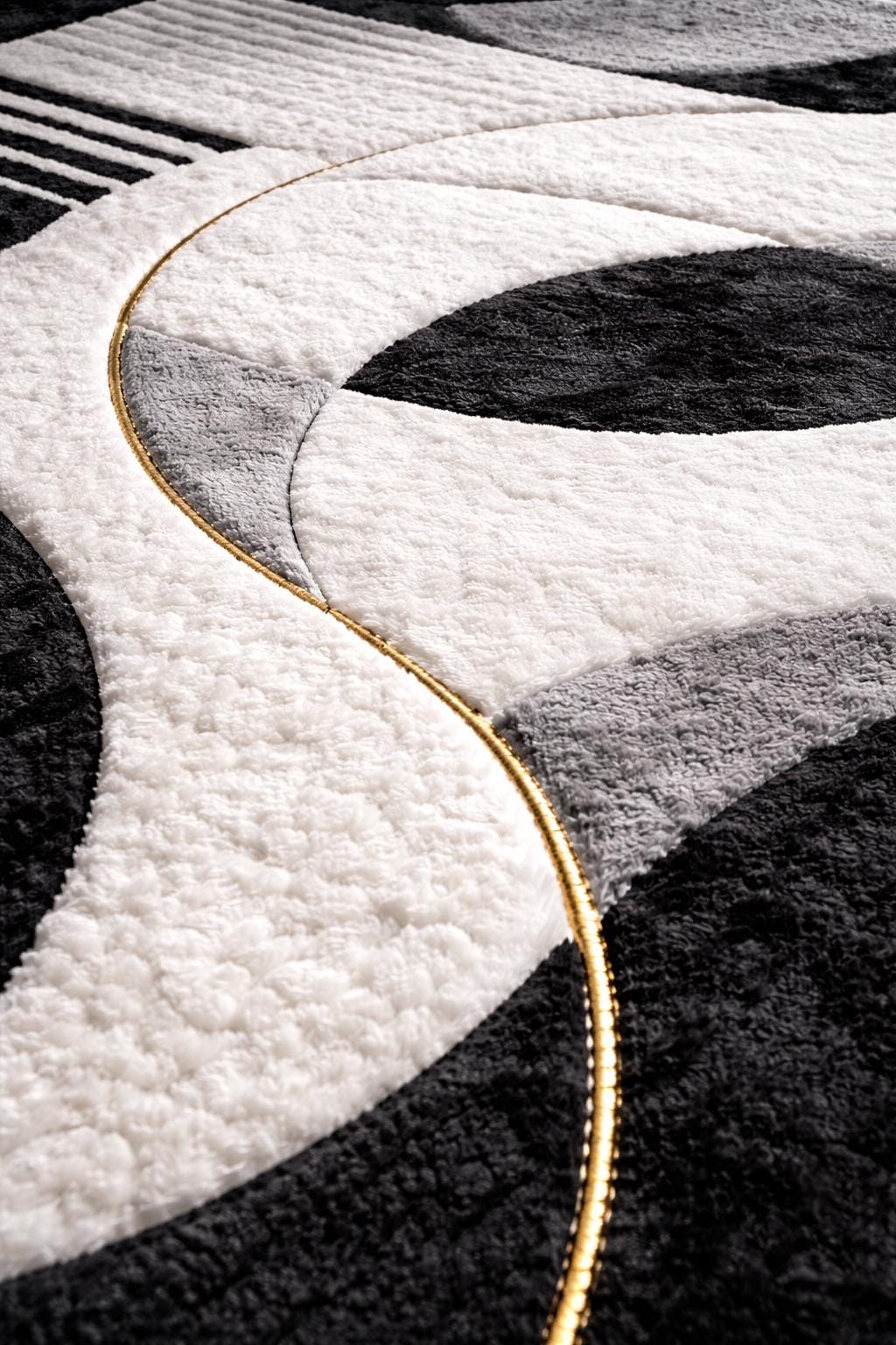 Luxury Black and White Abstract Rug | Modern Minimalist Area Rug | High Pile Plush Contemporary Carpet | Designer Living Room Statement Rug