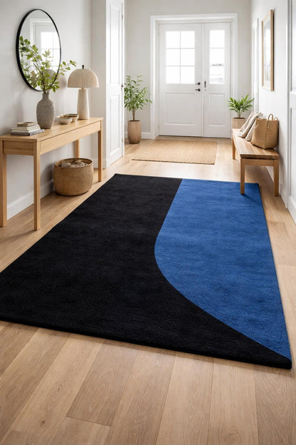 Black Blue Modern Rug | Hand Tufted Wool Rug | Minimalist Area Rug | Geometric Curved Design Carpet | Luxury Bedroom Living Room Rug | 9x12