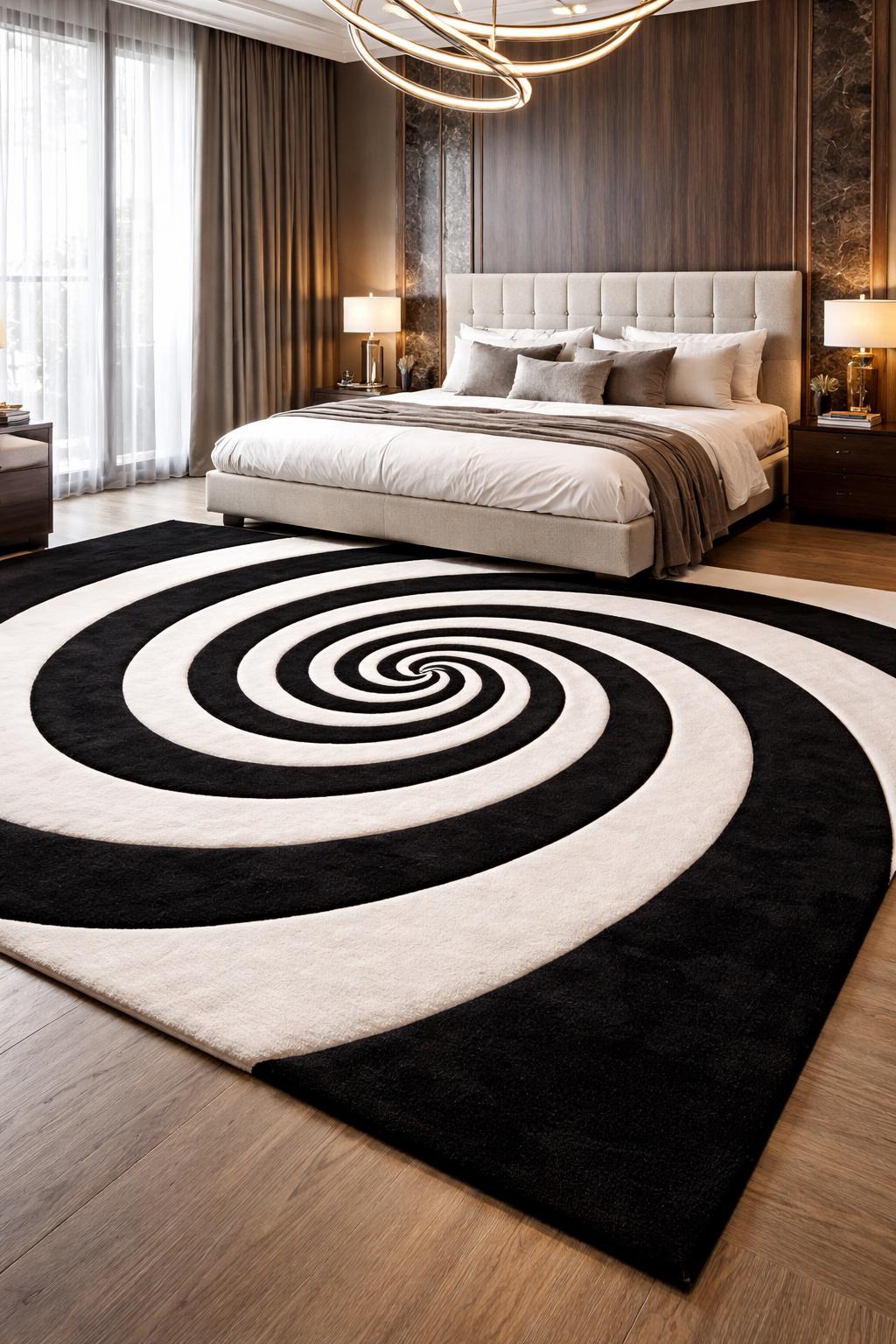Black and White Spiral Rug | Hand Tufted Wool Rug | Modern Abstract Carpet | Custom Size Area Rug | Minimalist Luxury Rug | 7x10 8x12 9x12