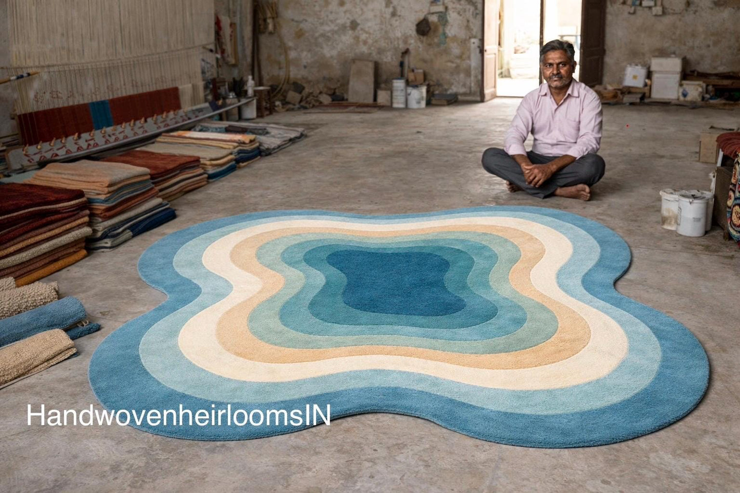 Hand Tufted Wool Rug | Abstract Blue Area Rug | Luxury Modern Irregular Rug | Teal Contemporary Designer Rug | Unique Handmade Rug