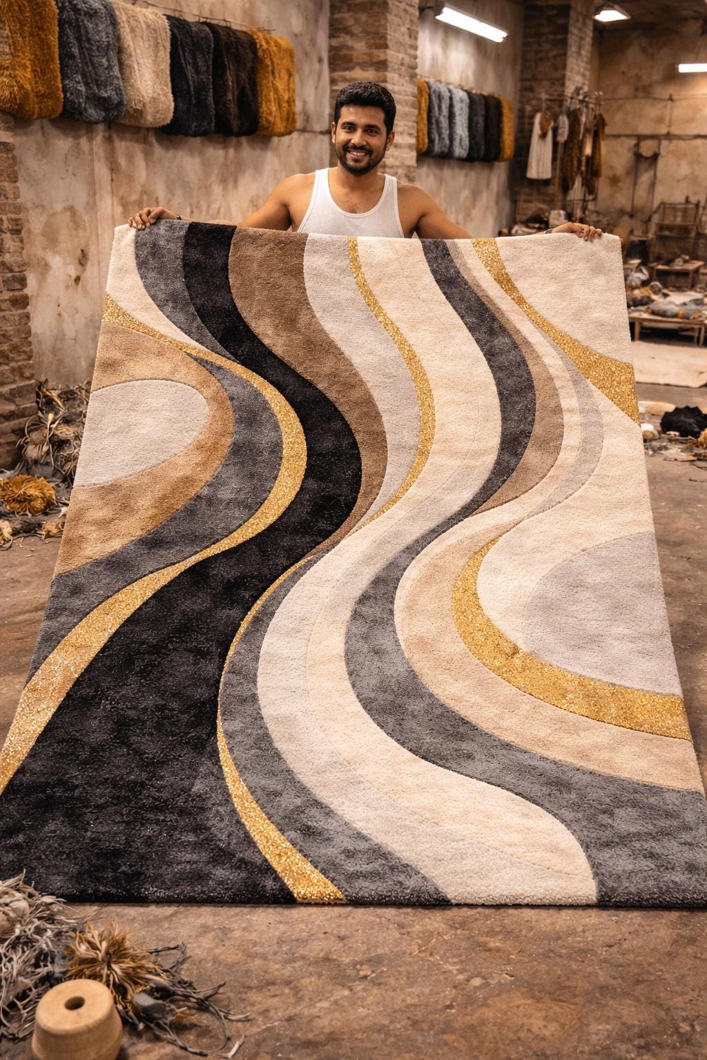 Luxury Abstract Hand Tufted Wool Rug | Modern Black Gold Cream Area Rug | Designer Bedroom Rug | Contemporary Handmade Carpet, 6x9 8x10 9x12