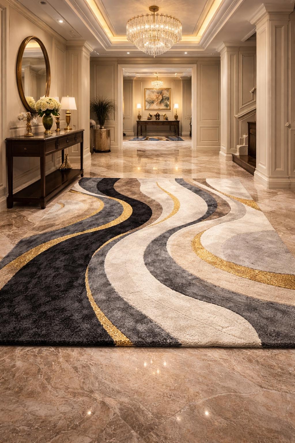 Luxury Abstract Hand Tufted Wool Rug | Modern Black Gold Cream Area Rug | Designer Bedroom Rug | Contemporary Handmade Carpet, 6x9 8x10 9x12