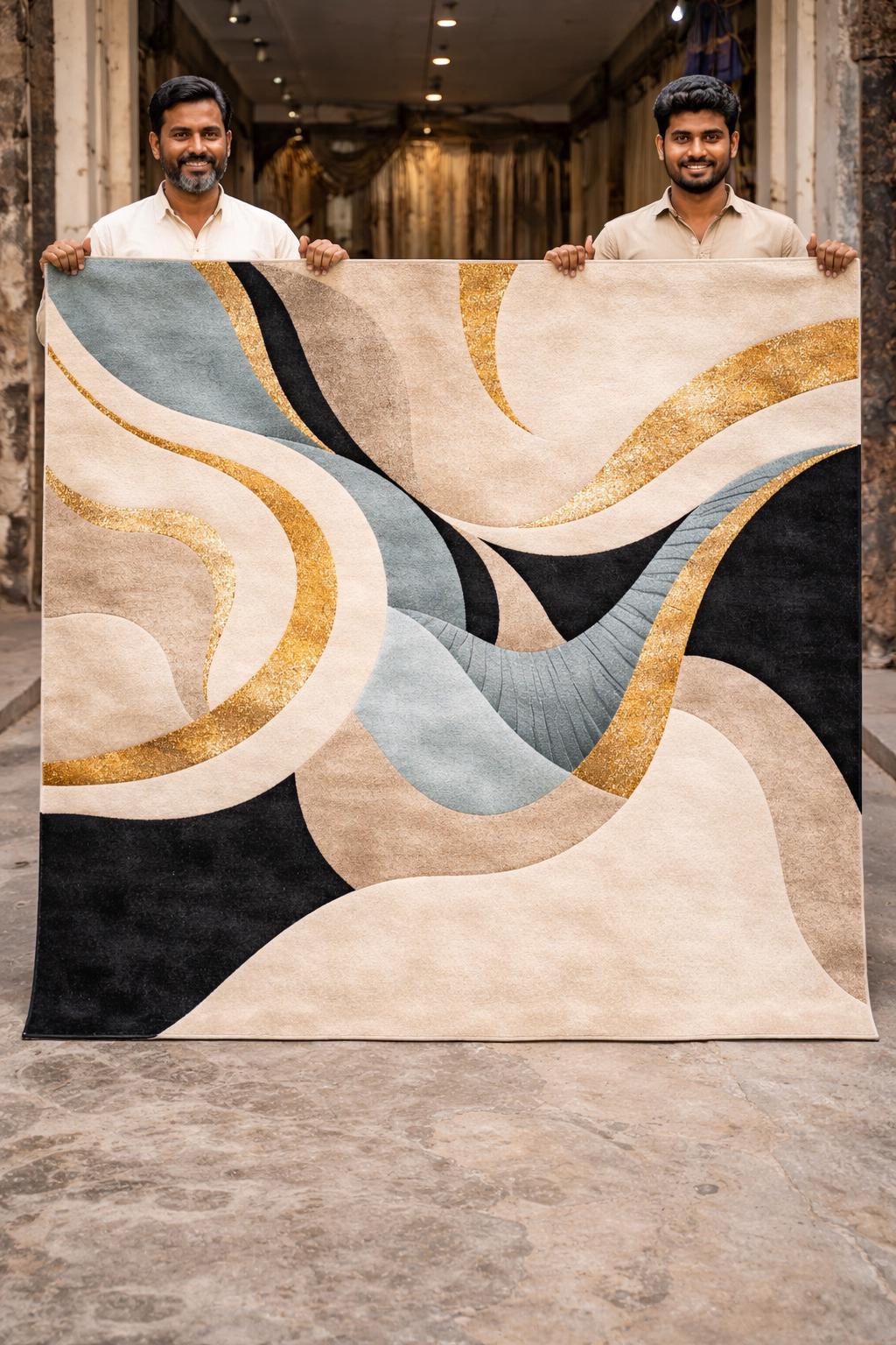 Luxury Abstract Hand Tufted Wool Rug |Modern Beige Gold Blue Area Rug| Contemporary Handmade Carpet | Designer Living Room Rug | 9x12 8x10