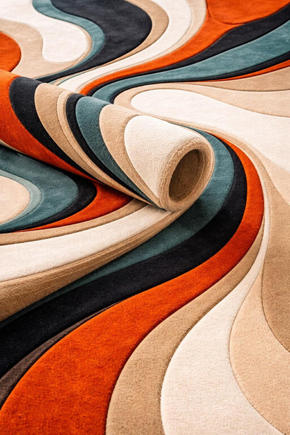 Luxury Abstract Area Rug | Hand Tufted Cut Pile Rug | Modern Teal Rust Gold Living Room Carpet | Contemporary Designer Rug UK US Home Decor
