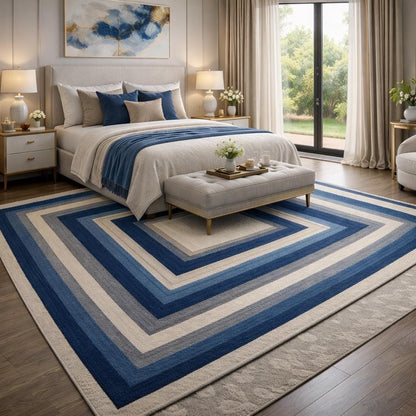 Luxury Square Hand Tufted Blue Gradient Rug | Modern Geometric Area Carpet for Bedroom & Living Room | Plush Designer Floor Decor