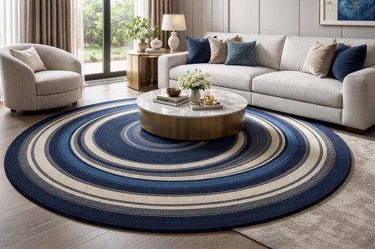 Luxury Round Blue Geometric Rug | Hand Tufted Modern Circle Area Rug Plush Wool Bedroom and Living Room Carpet Contemporary Home Decor |