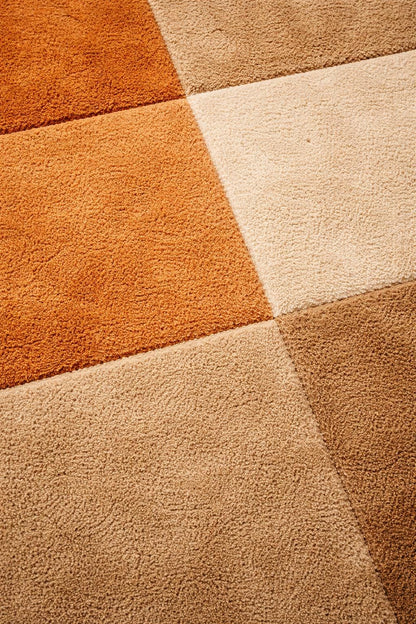 Luxury Hand Tufted Wool Rug | Orange Beige Checkered Rug | Modern Square Block Area Rug | Abstract Geometric Carpet | Handmade Designer Rug