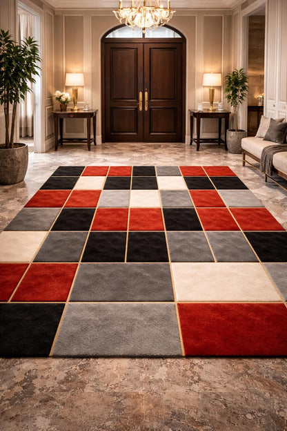 Luxury Hand Tufted Wool Rug | Modern Checkered Abstract Area Rug | Red Black Grey Beige Carpet | Designer Living Room Rug |  Custom Size rug
