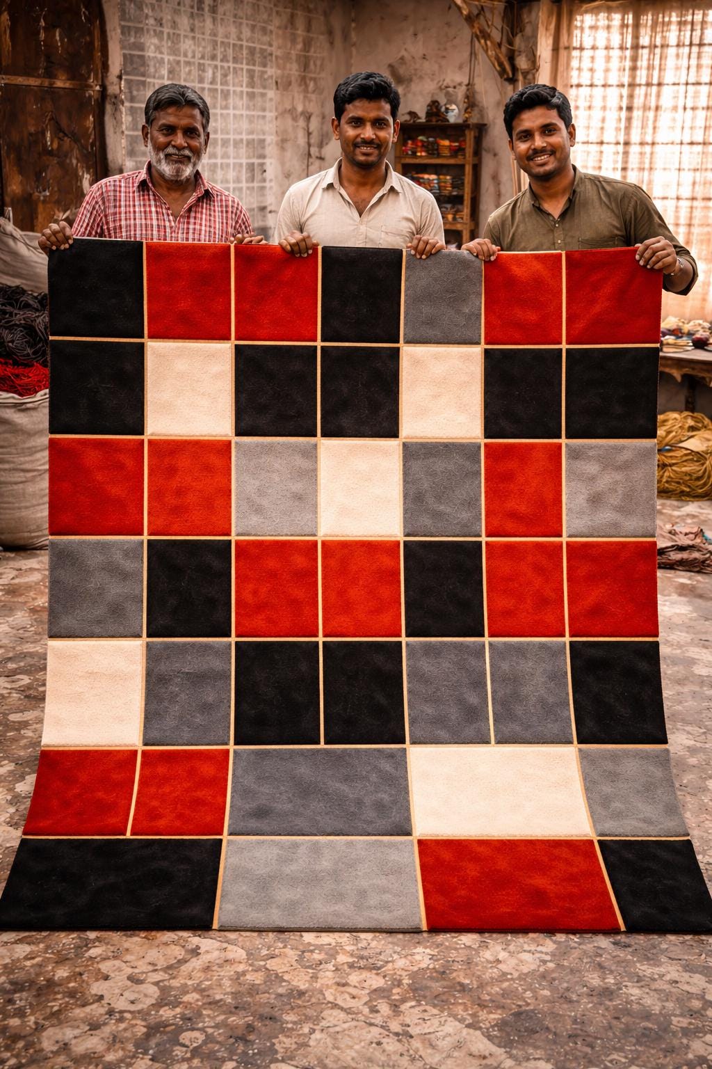 Luxury Hand Tufted Wool Rug | Modern Checkered Abstract Area Rug | Red Black Grey Beige Carpet | Designer Living Room Rug |  Custom Size rug