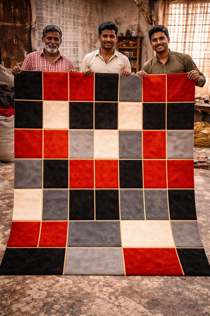 Luxury Hand Tufted Wool Rug | Modern Checkered Abstract Area Rug | Red Black Grey Beige Carpet | Designer Living Room Rug |  Custom Size rug